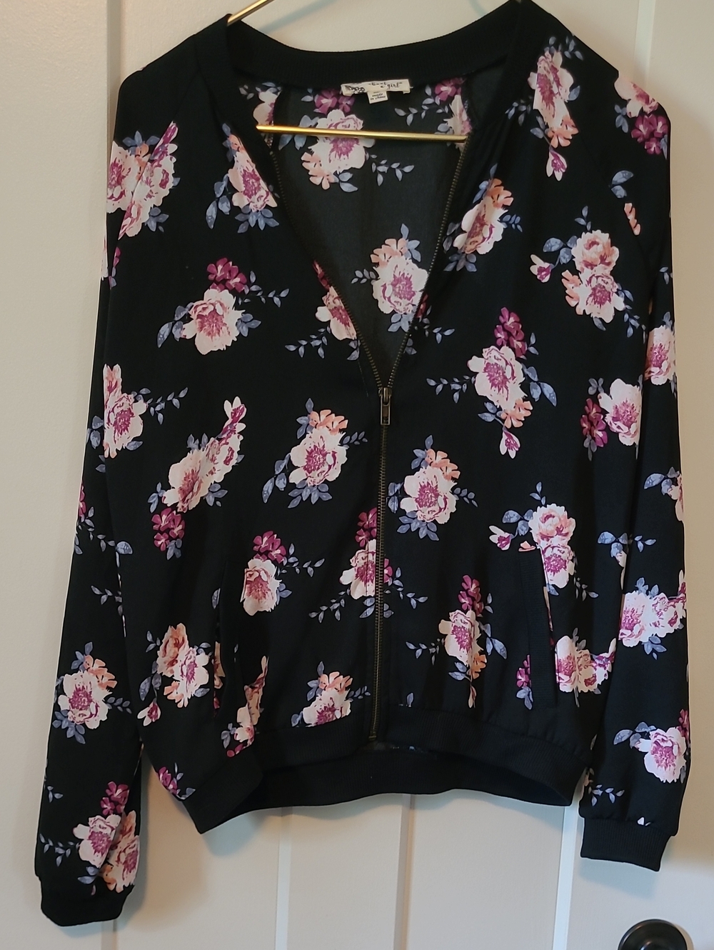 About A Girl Black Floral Zip Bomber Jacket with Pink and Cream Blooms